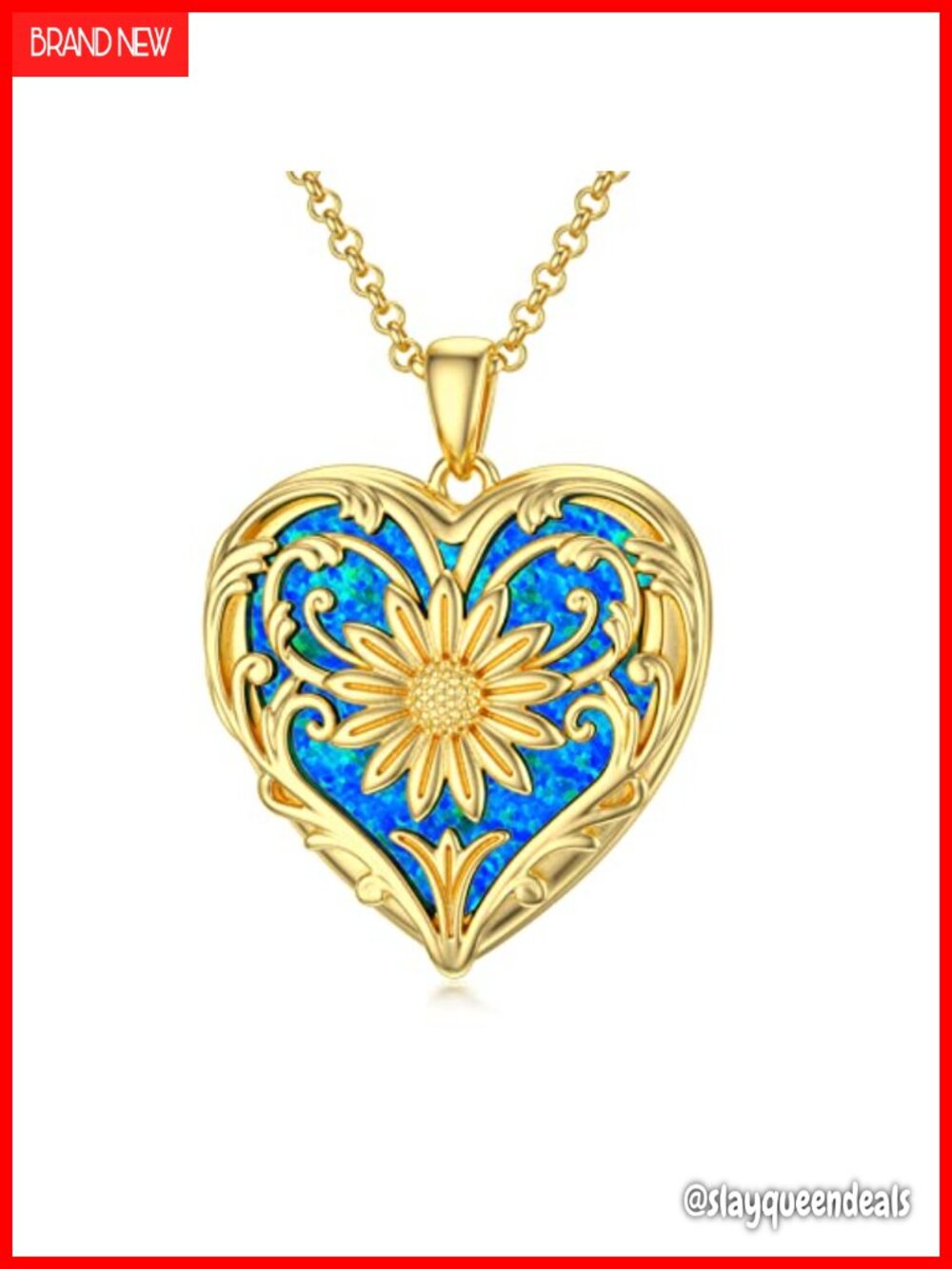 18k Gold Plated Silver Heart Locket Necklace Sim Opal Sunflower Picture